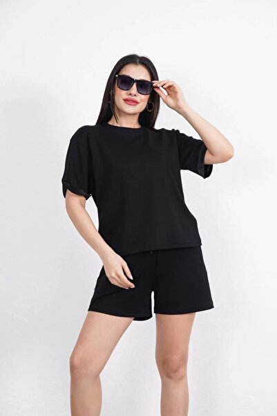 CVS Osy Modal Soft Textured Fabric Women's Crew Neck T-Shirt Short Shorts Two Piece Set - Black