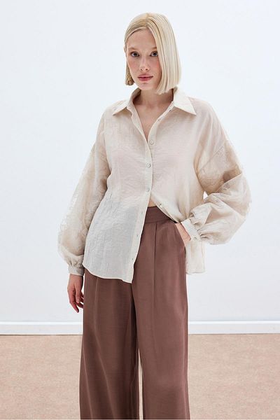 Sateen Embroidery Detailed Crashed Shirt - Beige