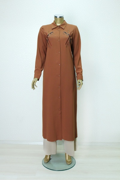 PERFECT 1547 ÖNDEN DÜĞMELİ GÖĞSÜ TAŞ İŞLEMELİ UZUN TUNİK QYS TUNİK #24-03#