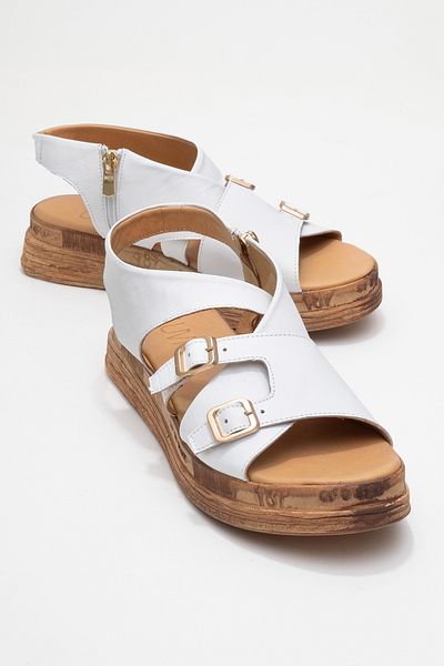 LuviShoes Levine White Genuine Leather Buckle Side Zipper Women's Sandals