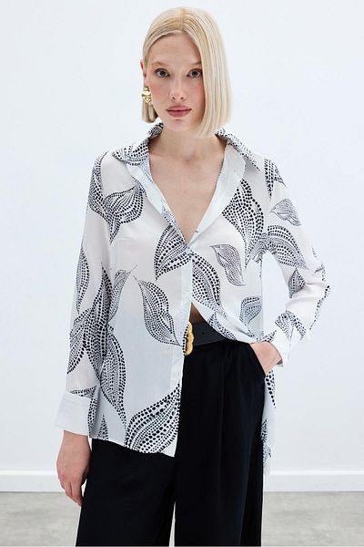 Sateen Long Patterned Shirt on the Back - Ecru