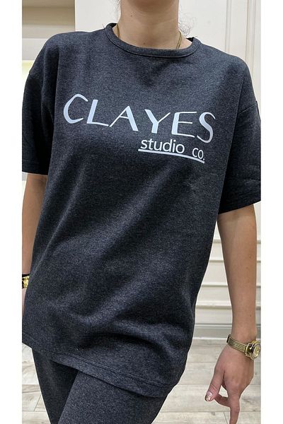 DUBU BUTİK Clayes Studio Co Printed Anthracite T-Shirt Sweatpants T-Shirt Set - Oversize Unisex