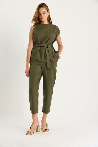 Bianco Lucci Women's Shoulder Knot Detailed Belted Linen Top-Top Set 9369 60281075
