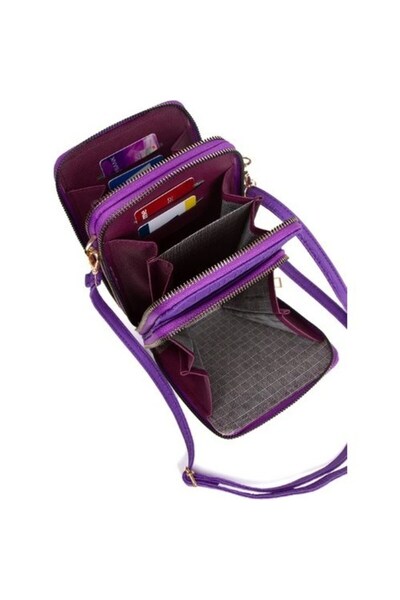 Newish Women's Purple Patterned Card Holder Wallet and Shoulder Bag with Phone Compartment