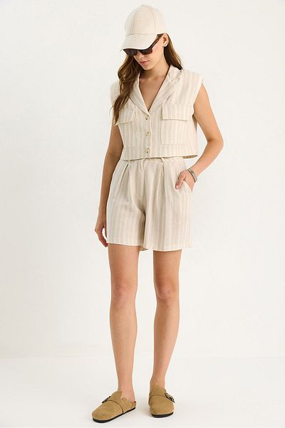 Bianco Lucci Women's Thick Striped High Waist Shorts Padded Button Crop Vest Linen Bottom-Top Set 9366 60281089