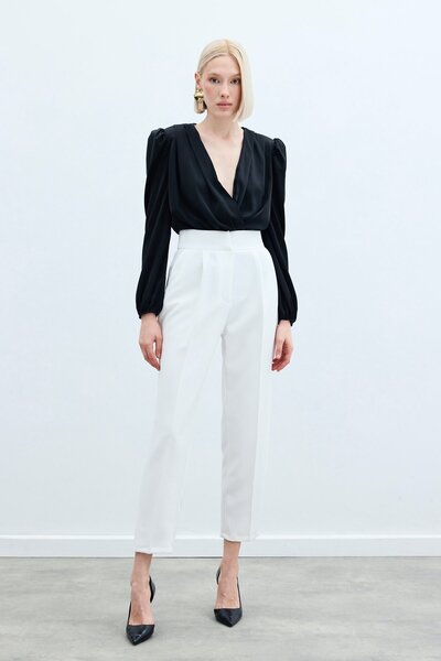Sateen Yüksek Bel Klasik Pantolon - Ekru