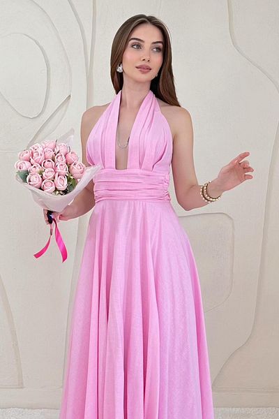 Elbee Fashion Woman Linen Dress with Low-Cut Chest and Back Detail