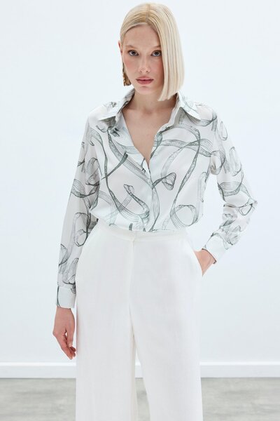 Sateen Desenli Klasik Gömlek - Haki