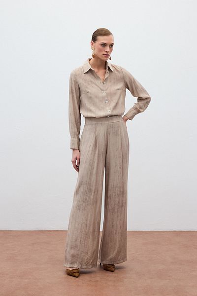 Sateen Patterned Loose Trousers - Beige