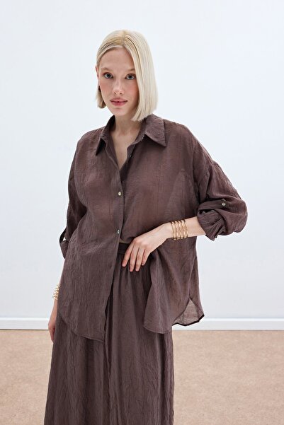 Sateen Kol Detaylı Salaş Gömlek - Kahve