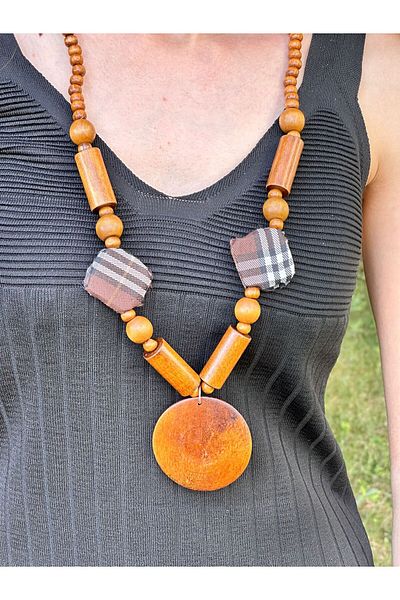 Gönülden Tasarım Bamboo Wood Beaded Plaid Women's Necklace 38 cm