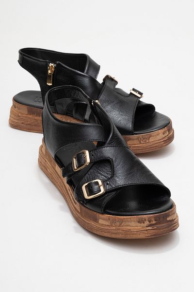 LuviShoes LEVINE Sandale de damă cu fermoar lateral cu cataramă din piele naturală neagră