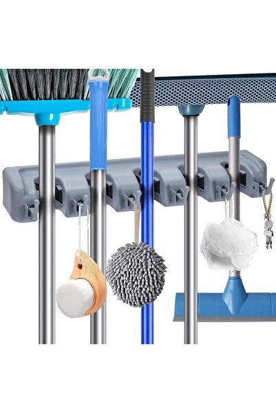 MARKQ حامل ممسحة ومكانس مثبت على الحائط مع 5 أوضاع و6 خطافات لتخزين الأدوات