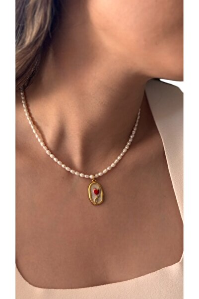 By Saadet Özkanlı Beyaz Mine Tabanlı Çiçek Işlemeli, Aa Sıınıfı 3 Mm Tatlı Su Incisi Kolye, Gerçek Arpa Inci