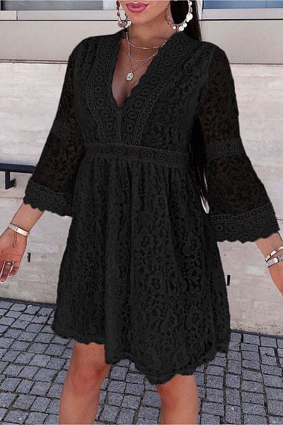 WildFashion Casual lace dress with transparent sleeves and deep neckline B717-1