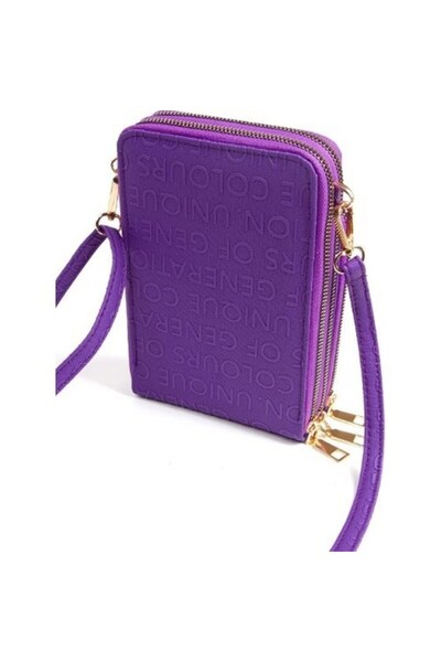 Newish Women's Purple Patterned Card Holder Wallet and Shoulder Bag with Phone Compartment
