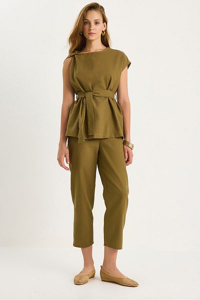 Bianco Lucci Women's Shoulder Knot Detailed Belted Linen Top-Top Set 9369 60281075