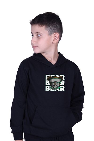 FYK KİDS Boy's Sweatshirt with Hood and Kangaroo Pocket Bear Print