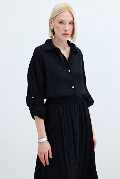 Sateen Kol Detaylı Salaş Gömlek - Siyah