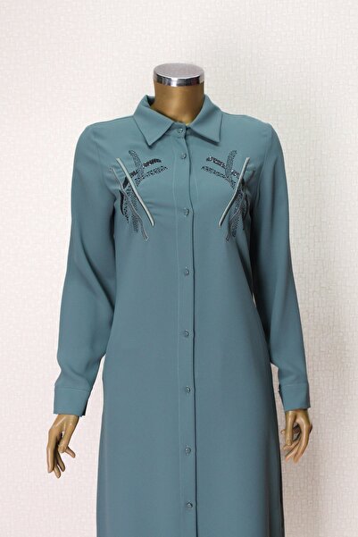 PERFECT 1547 ÖNDEN DÜĞMELİ GÖĞSÜ TAŞ İŞLEMELİ UZUN TUNİK QYS TUNİK #24-03#