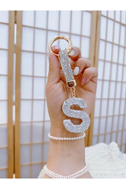 Mansura Letter S White Stone Letter Keychain, Bag Charm Vip Series