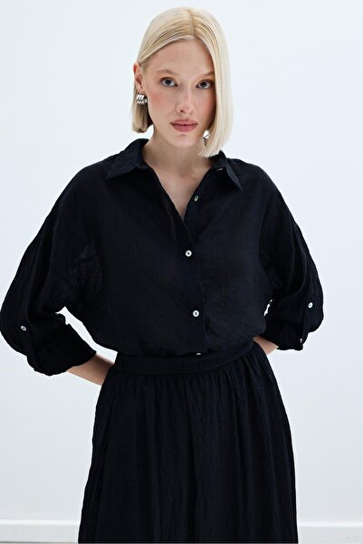 Sateen Kol Detaylı Salaş Gömlek - Siyah