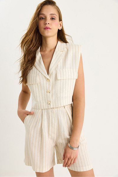 Bianco Lucci Women's Striped High Waist Shorts Padded Button Crop Vest Linen Bottom-Top Set 9366 60281090