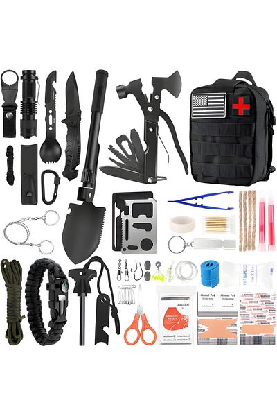 zola 92 in 1 survival kit with backpack, first aid kit, fishing, fire, tools, camping/hiking