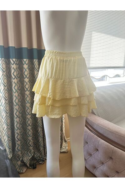 MADAM PARLA Kadın Sarı Fisto Detaylı Katlı Mini Şort Etek