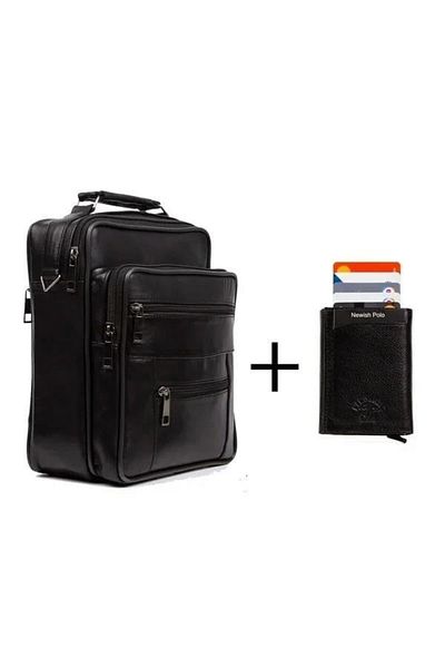 Newish Polo Men's Genuine Leather Hand Shoulder Bag and Mechanism Wallet (15X19 cm) - Black
