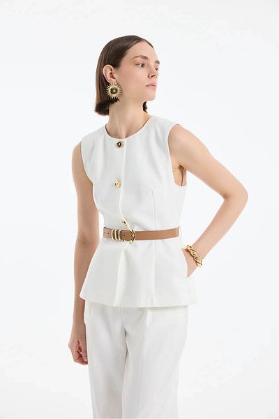 Quzu Buttoned Ecru Women's Vest with Belt Accessories Ylk00163