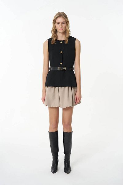 Quzu Buttoned Black Women's Vest with Belt Accessories Ylk00163