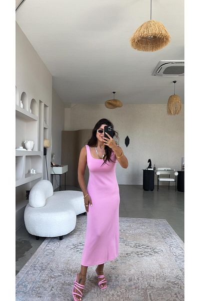 Buket Teke Φόρεμα Pink Modal με τετράγωνο γιακά