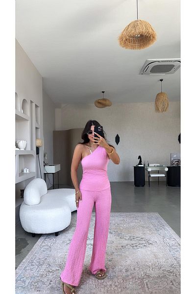 Buket Teke Pink One Shoulder Seersucker Suit
