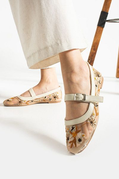 BOUIS Women's Beige Daily Tulle Fabric Flower Embroidered Ballerina Light Stylish Comfortable Luxury Banded Holiday Mesh Shoes