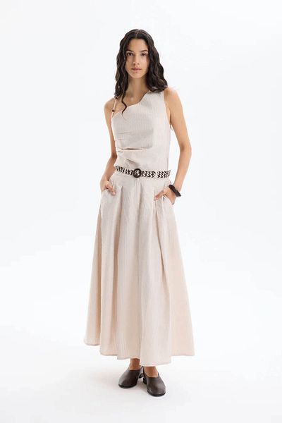 Quzu Belt Detailed Midi Length Beige Women's Skirt Etk00609