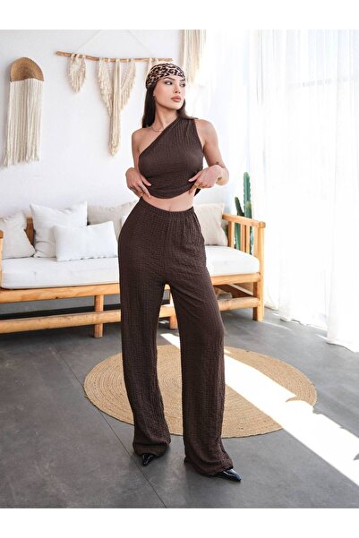 NovaRopa Women's Brown Wrinkle Fabric Single Shoulder Crop&Pants Set-Mx13654