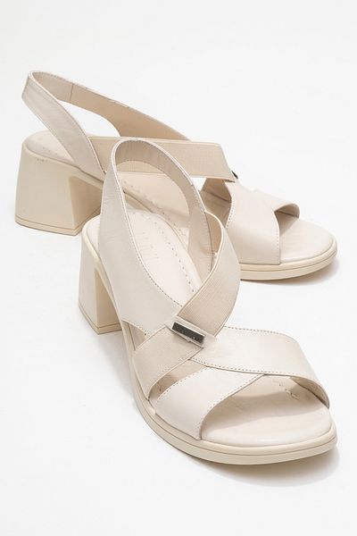 LuviShoes Crina Ecru Genuine Leather Elastic Women's Thick Heeled Sandals