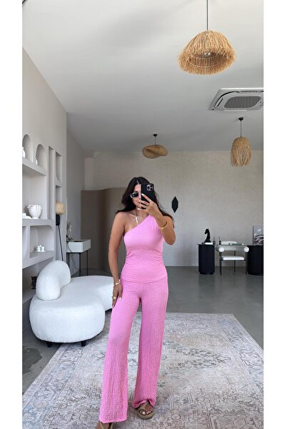 Buket Teke Pink One Shoulder Seersucker Suit