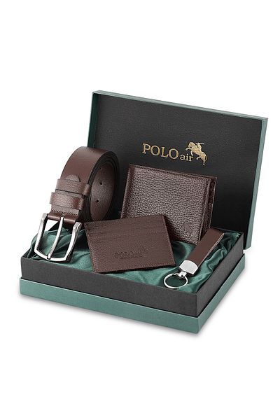 Polo Air Men's 100% Genuine Leather Wallet Card Holder Belt Keychain Combination Set Brown Color Hm-8003-K