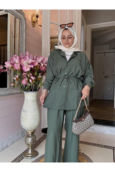 Aselim Hijap Moda Miami Strawberry Linen Shirt Suit – Pocket Trousers – Green