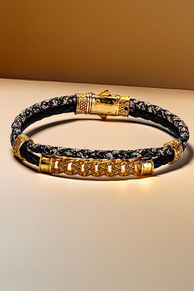OSMANLI GÜMÜŞ Black Leather Men's Bracelet with Gold Chain Detail – Double Braided Design