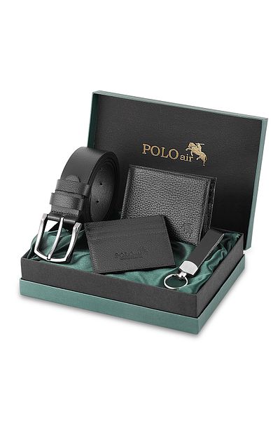 Polo Air Men's 100% Genuine Leather Wallet Card Holder Belt Keychain Combination Set Black Color Hm-8003-S