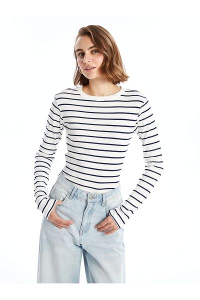 LC Waikiki Γυναικείο κορμάκι LCWAIKIKI Basic Navy Blue Crew Neck ριγέ