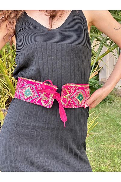 Gönülden Tasarım Pink Ottoman Patterns Embroidered Sequence Women's Binding Belt 70X8 cm