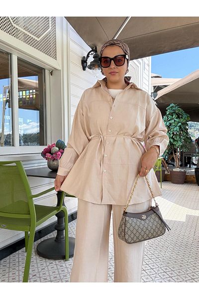 Aselim Hijap Moda Miami Strawberry Λινό Πουκάμισο Σετ – Παντελόνι με Τσέπες - Μπεζ