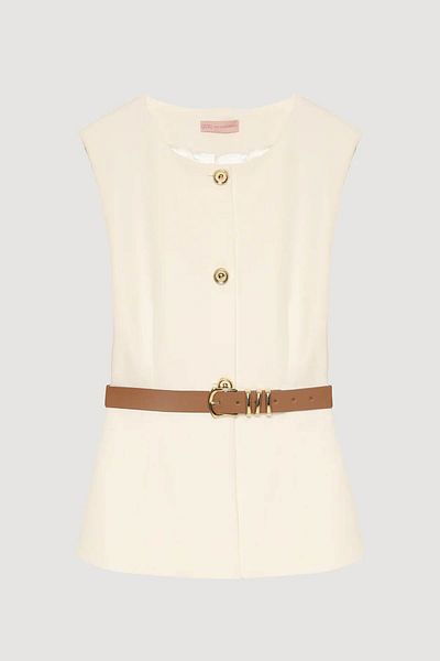 Quzu Buttoned Ecru Women's Vest with Belt Accessories Ylk00163