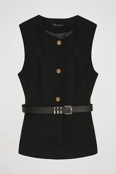 Quzu Buttoned Black Women's Vest with Belt Accessories Ylk00163