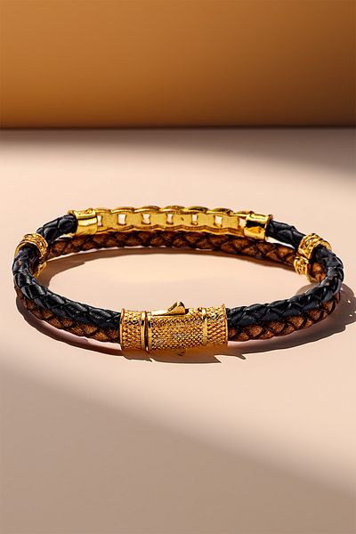 OSMANLI GÜMÜŞ Brown Black Leather Men's Bracelet with Gold Chain Motif