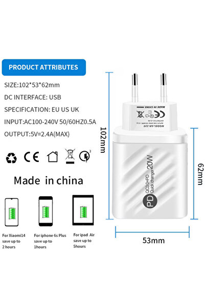 BM Universal Dual USB-C & USB-A Fast Charger, 20W, White - QC3.0 & PD Technology Universal Compatible